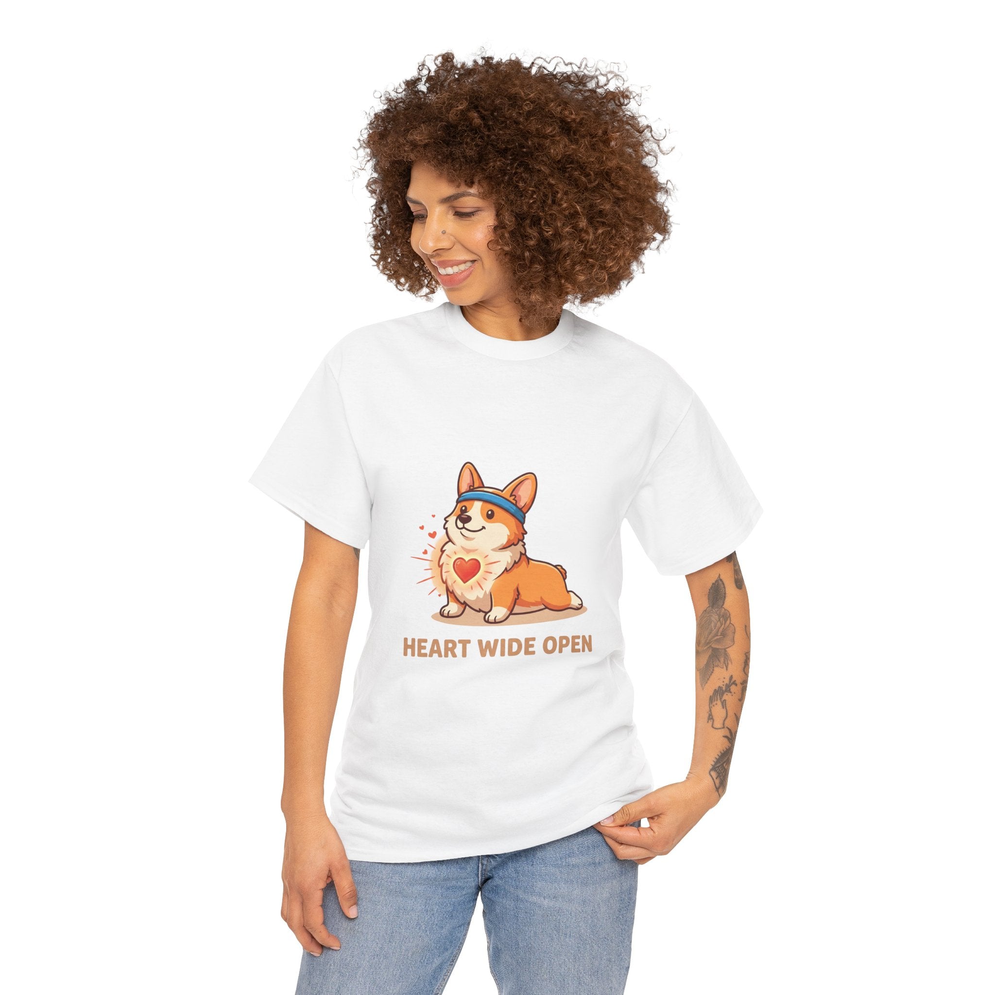 "Heart Wide Open" Corgi Yoga Shirt – Wholesome & Cute Valentine’s Apparel