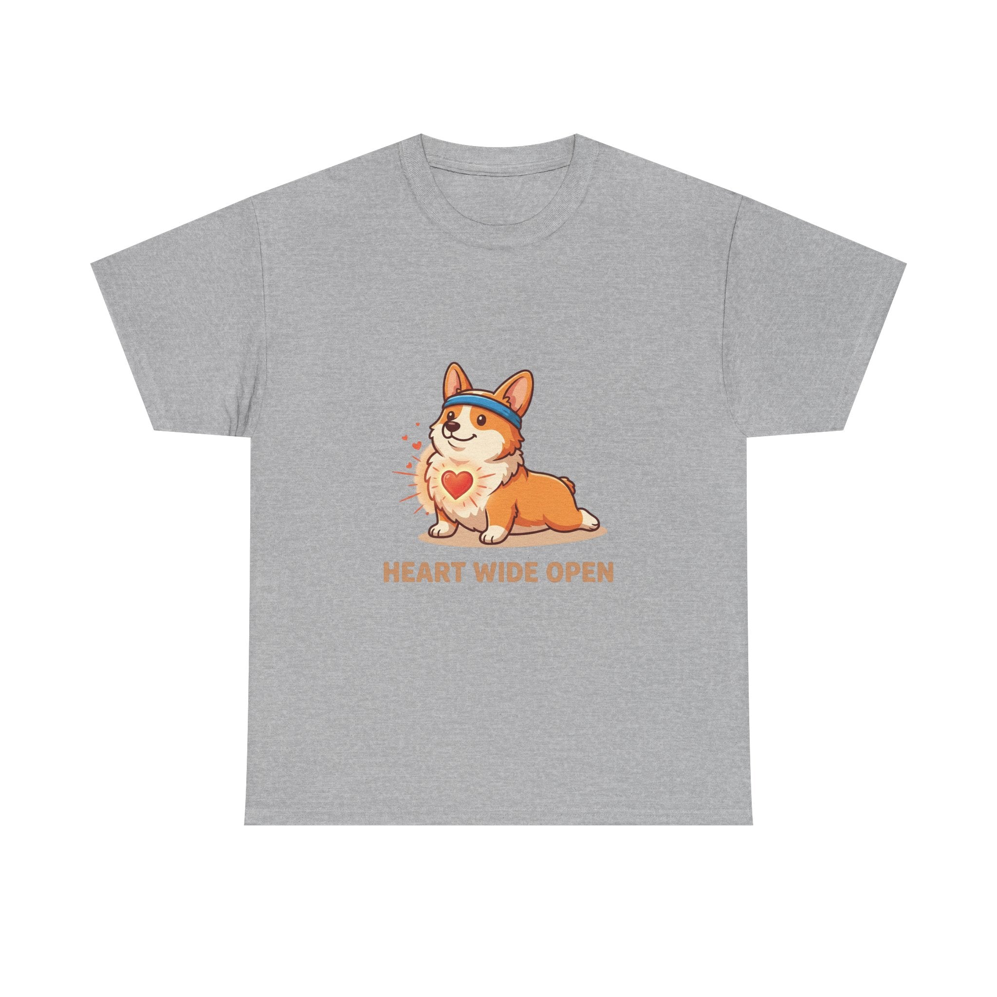 "Heart Wide Open" Corgi Yoga Shirt – Wholesome & Cute Valentine’s Apparel