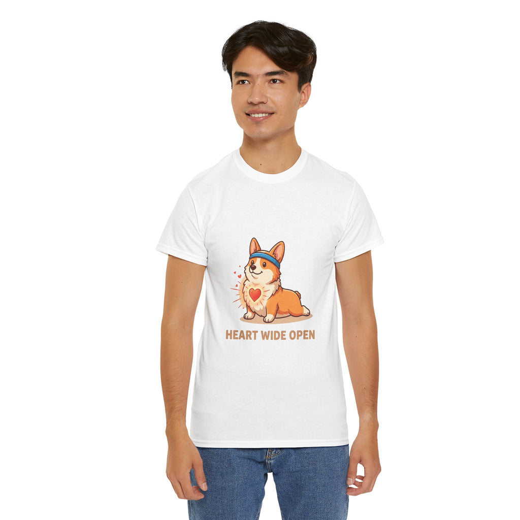 "Heart Wide Open" Corgi Yoga Shirt – Wholesome & Cute Valentine’s Apparel