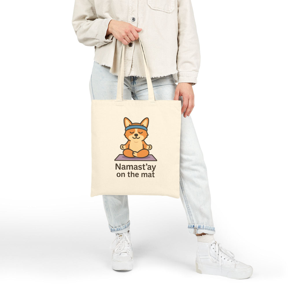 Yoga Corgi Tote — "Namast'ay on the Mat" Cotton Canvas Tote