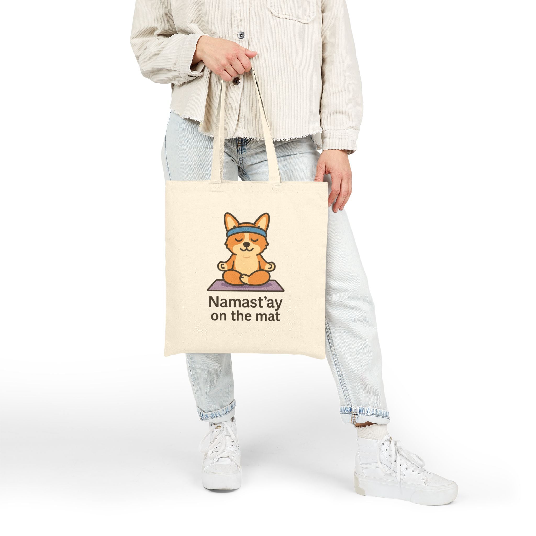 Yoga Corgi Tote — "Namast'ay on the Mat" Cotton Canvas Tote