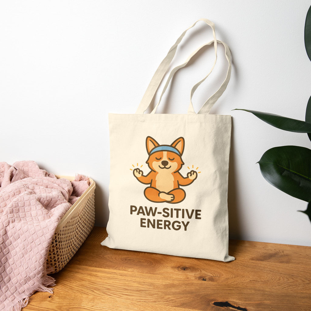Tote Bag — "Paw-sitive Energy" Yoga Corgi Cotton Canvas Tote