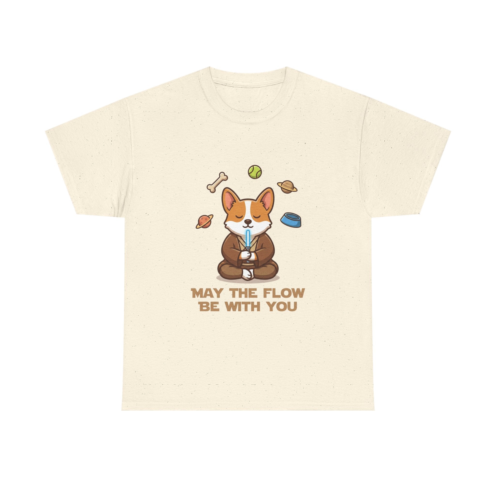 Corgi Meditation Tee — "May the Flow Be With You" Relaxed Dog Yoga T-Shirt
