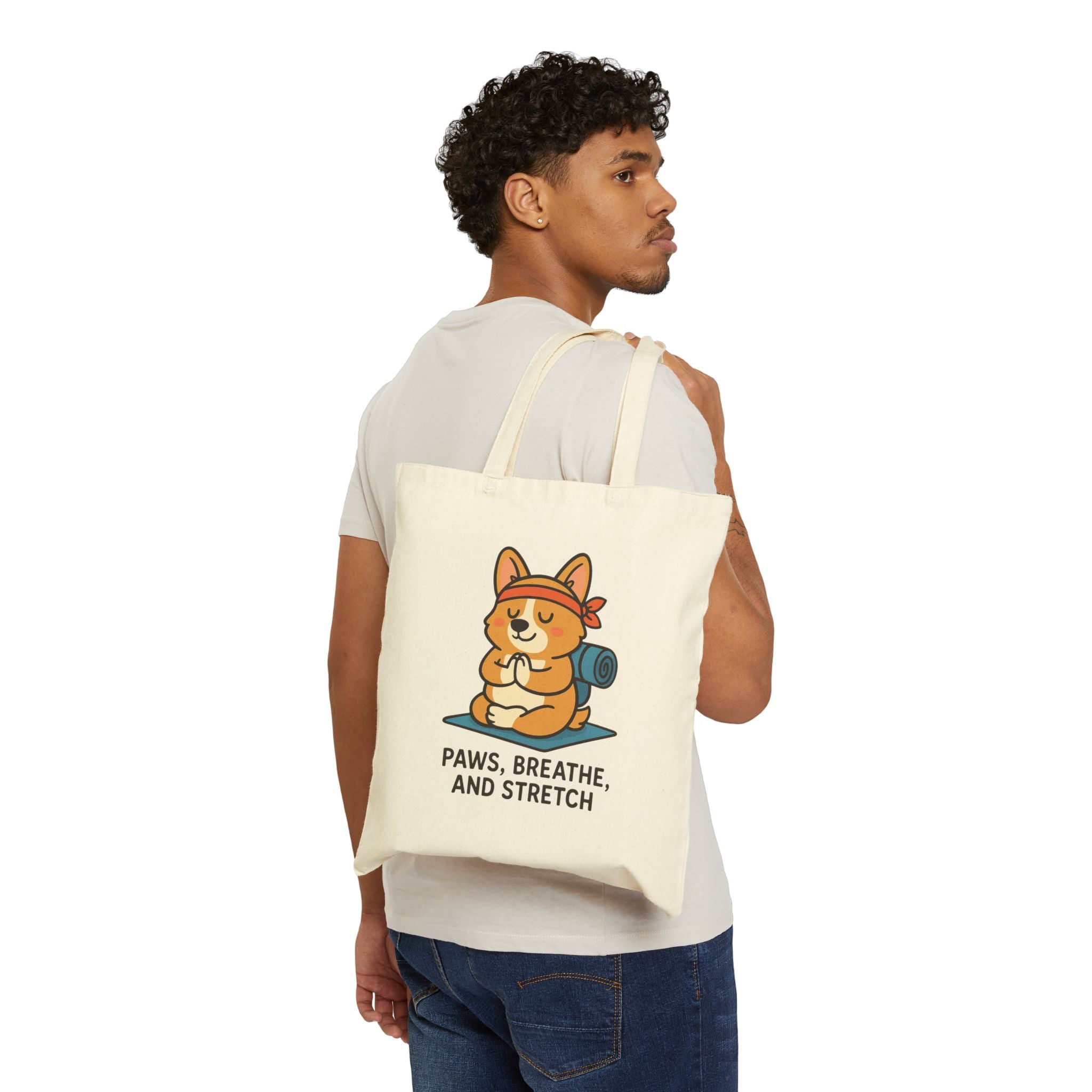 Yoga Corgi Tote Bag — "Paws, Breathe, and Stretch" Cotton Canvas Tote