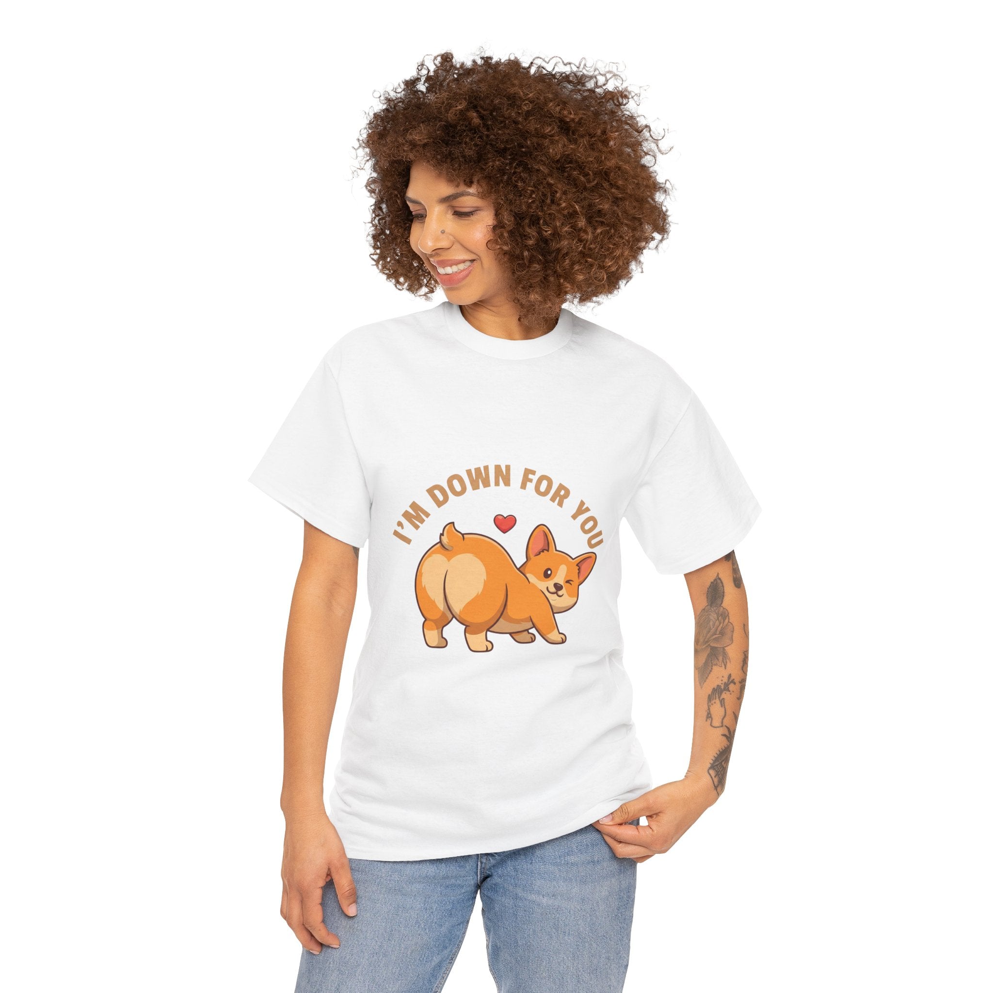 "I'm Down For You" Flirty Corgi T-Shirt – Funny Downward Dog Valentine’s Tee