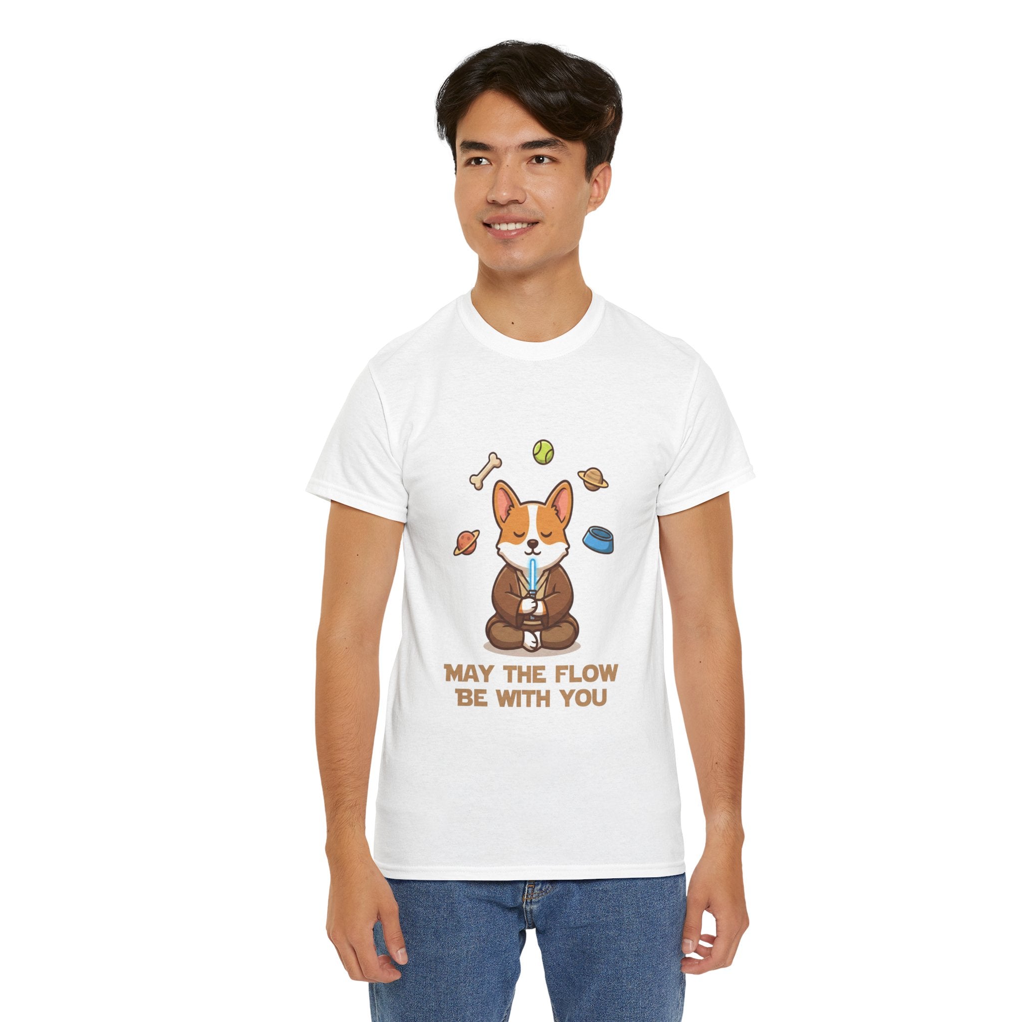 Corgi Meditation Tee — "May the Flow Be With You" Relaxed Dog Yoga T-Shirt