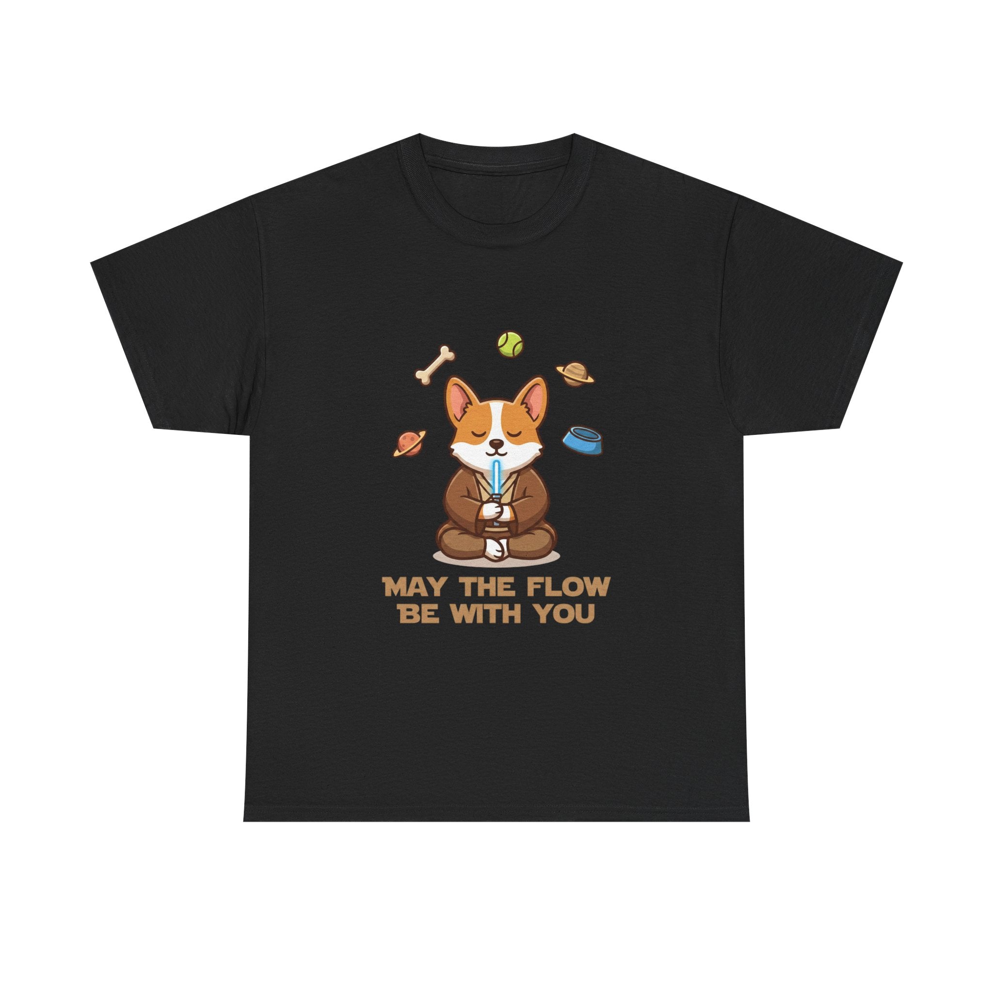 Corgi Meditation Tee — "May the Flow Be With You" Relaxed Dog Yoga T-Shirt