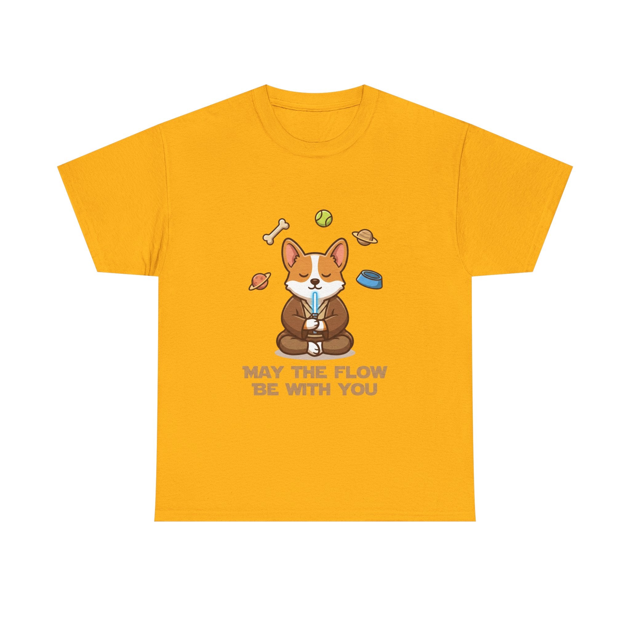 Corgi Meditation Tee — "May the Flow Be With You" Relaxed Dog Yoga T-Shirt