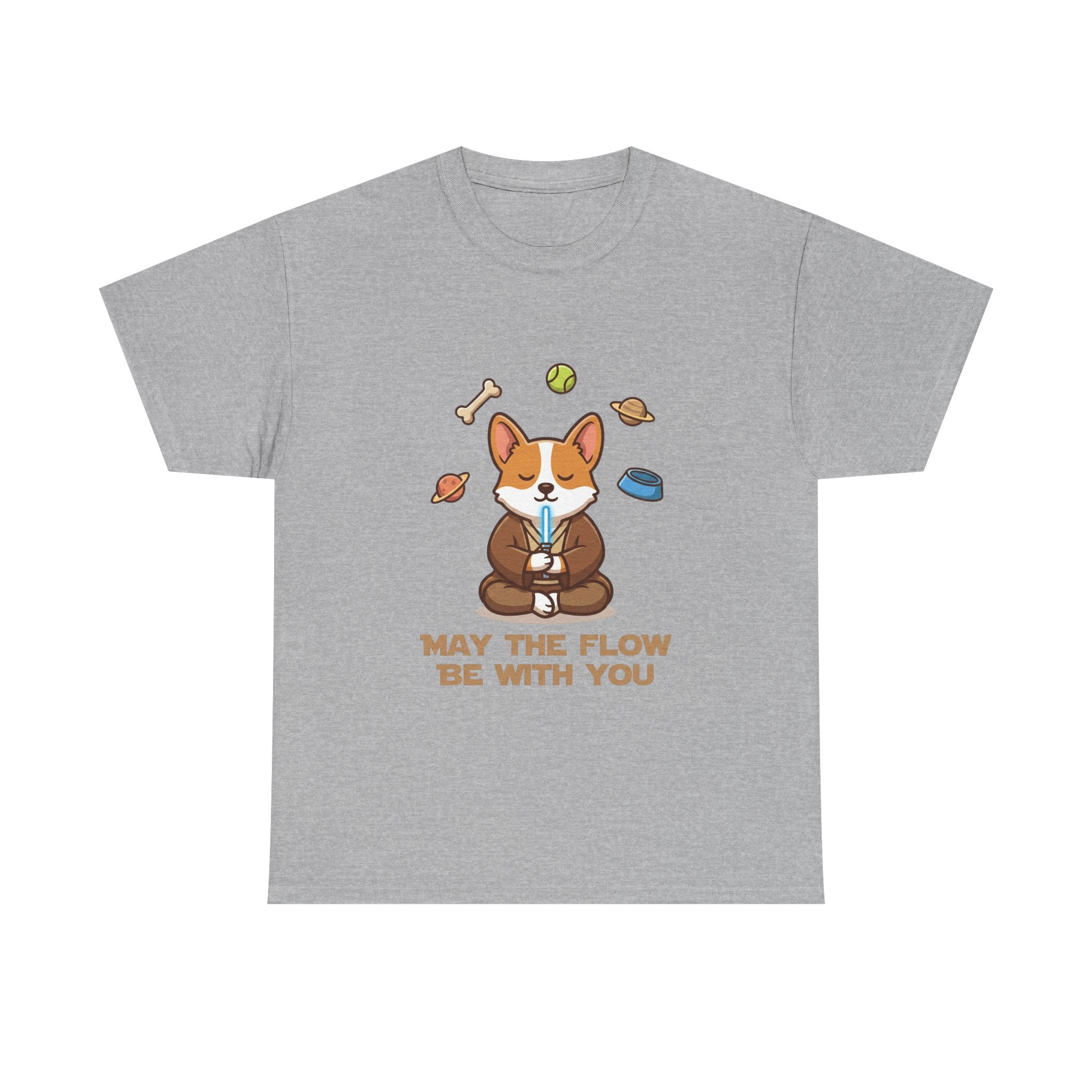 Corgi Meditation Tee — "May the Flow Be With You" Relaxed Dog Yoga T-Shirt