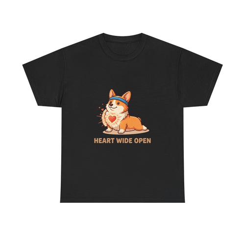 "Heart Wide Open" Corgi Yoga Shirt – Wholesome & Cute Valentine’s Apparel