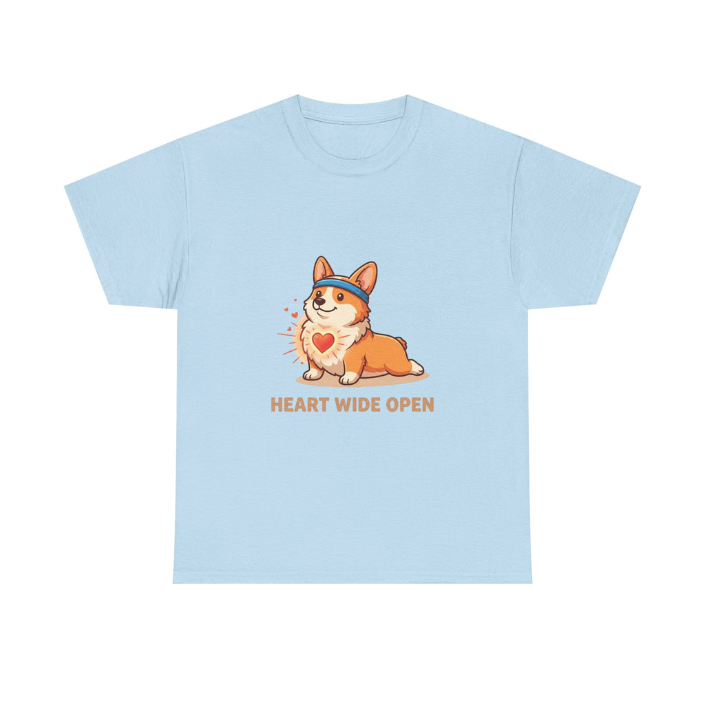 "Heart Wide Open" Corgi Yoga Shirt – Wholesome & Cute Valentine’s Apparel