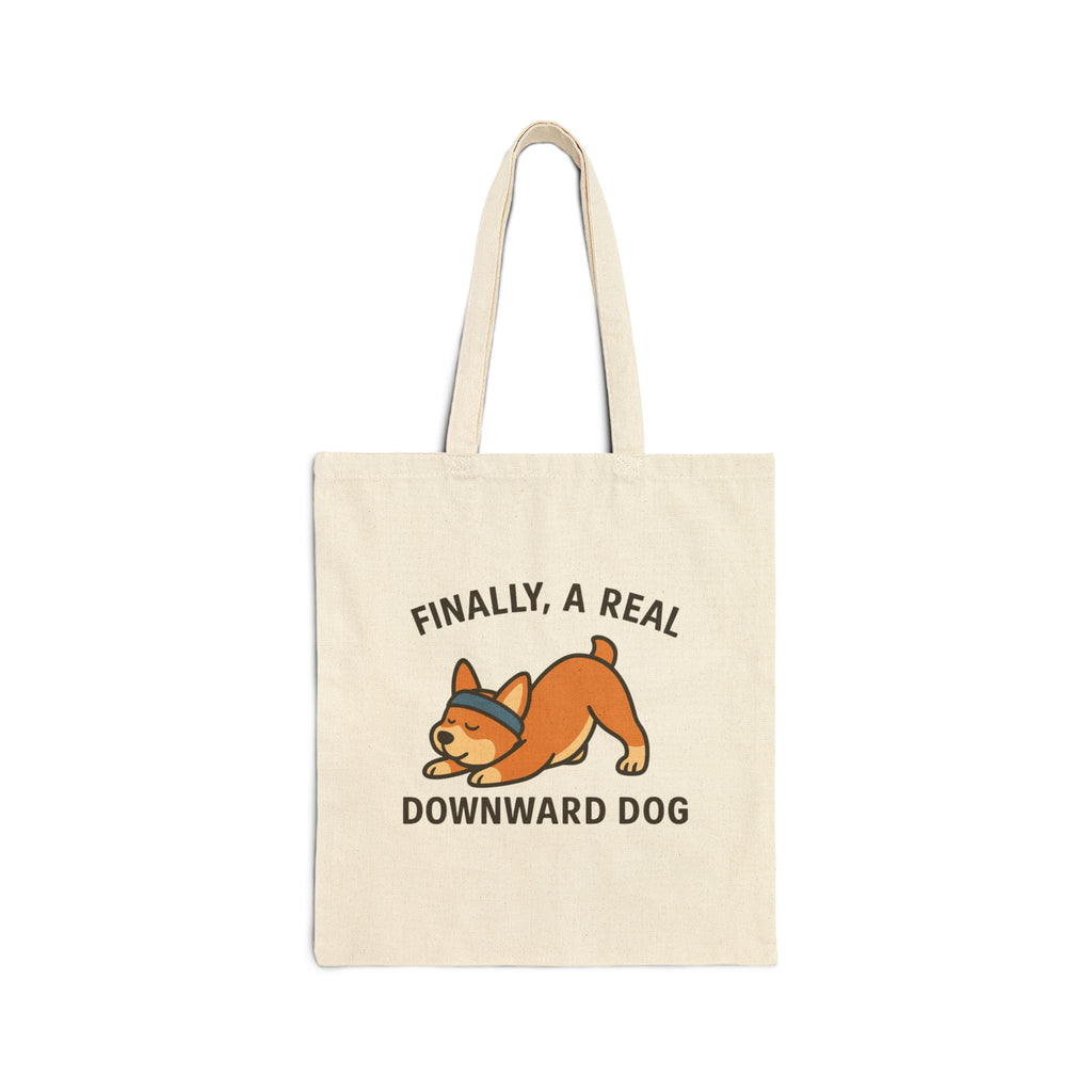 Canvas Tote Bag — "Finally, a Real Downward Dog" Cute Corgi Yoga Tote