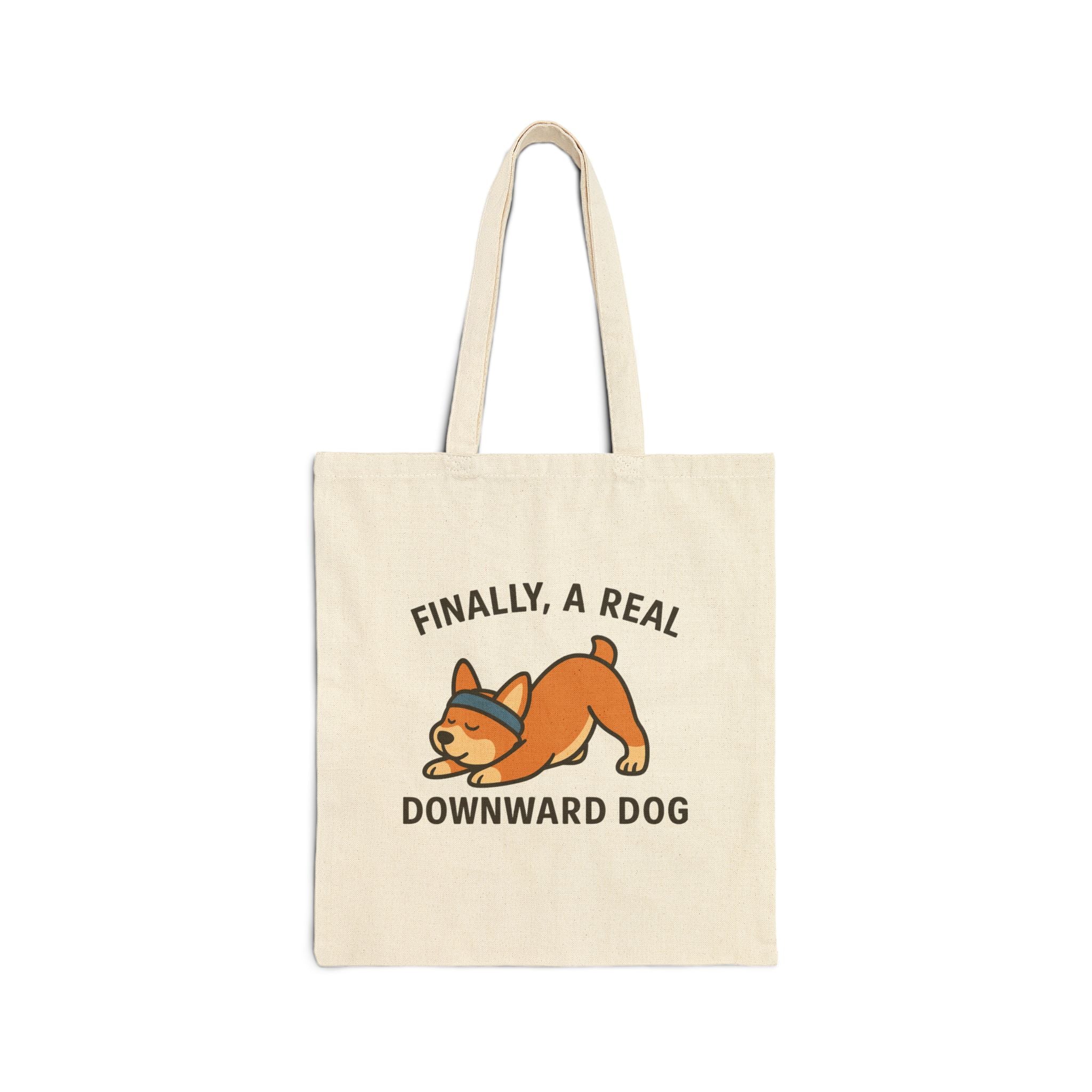Canvas Tote Bag — "Finally, a Real Downward Dog" Cute Corgi Yoga Tote