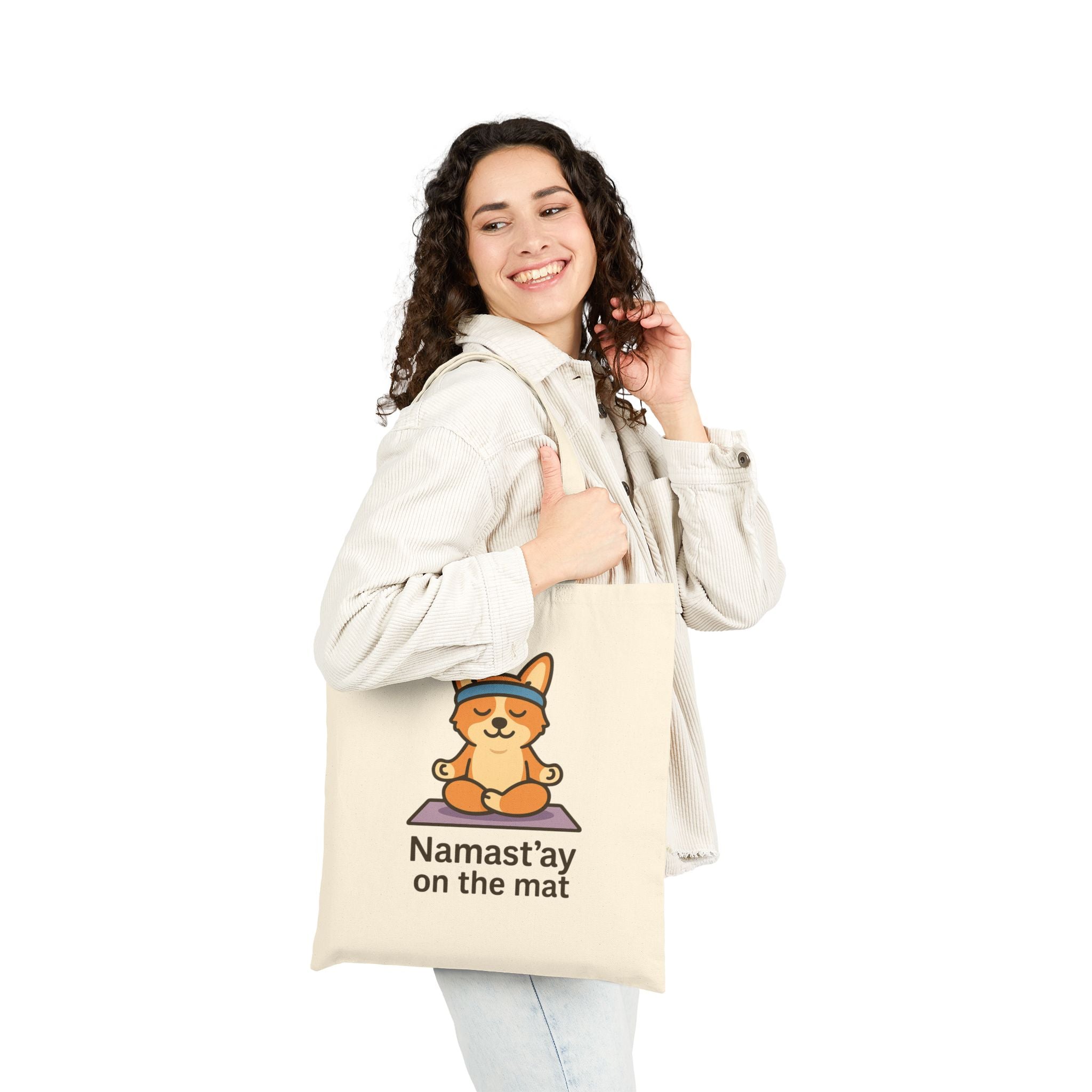 Yoga Corgi Tote — "Namast'ay on the Mat" Cotton Canvas Tote