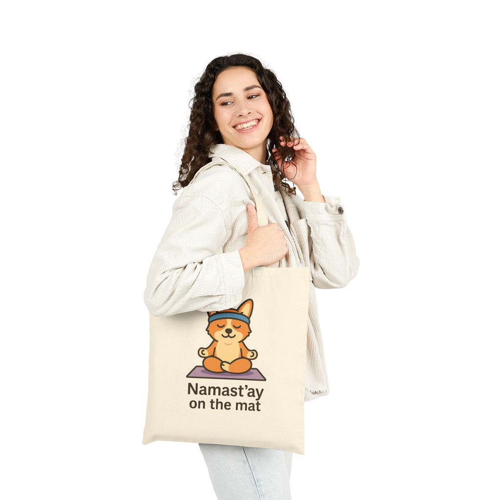Yoga Corgi Tote Bag — "Namast'ay on the Mat" Cotton Canvas Tote