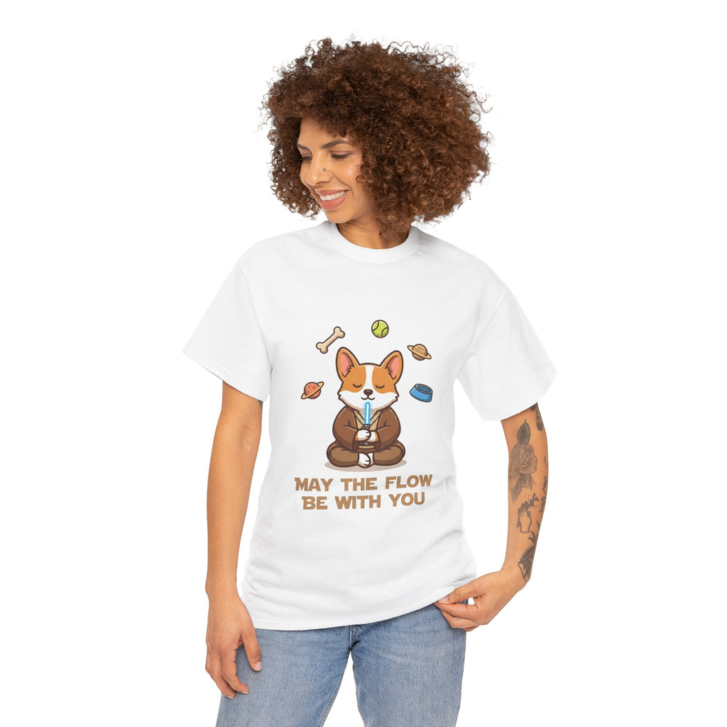 Corgi Meditation Tee — "May the Flow Be With You" Relaxed Dog Yoga T-Shirt
