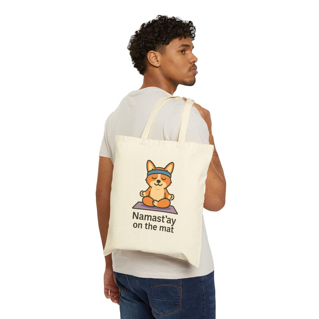 Yoga Corgi Tote Bag — "Namast'ay on the Mat" Cotton Canvas Tote
