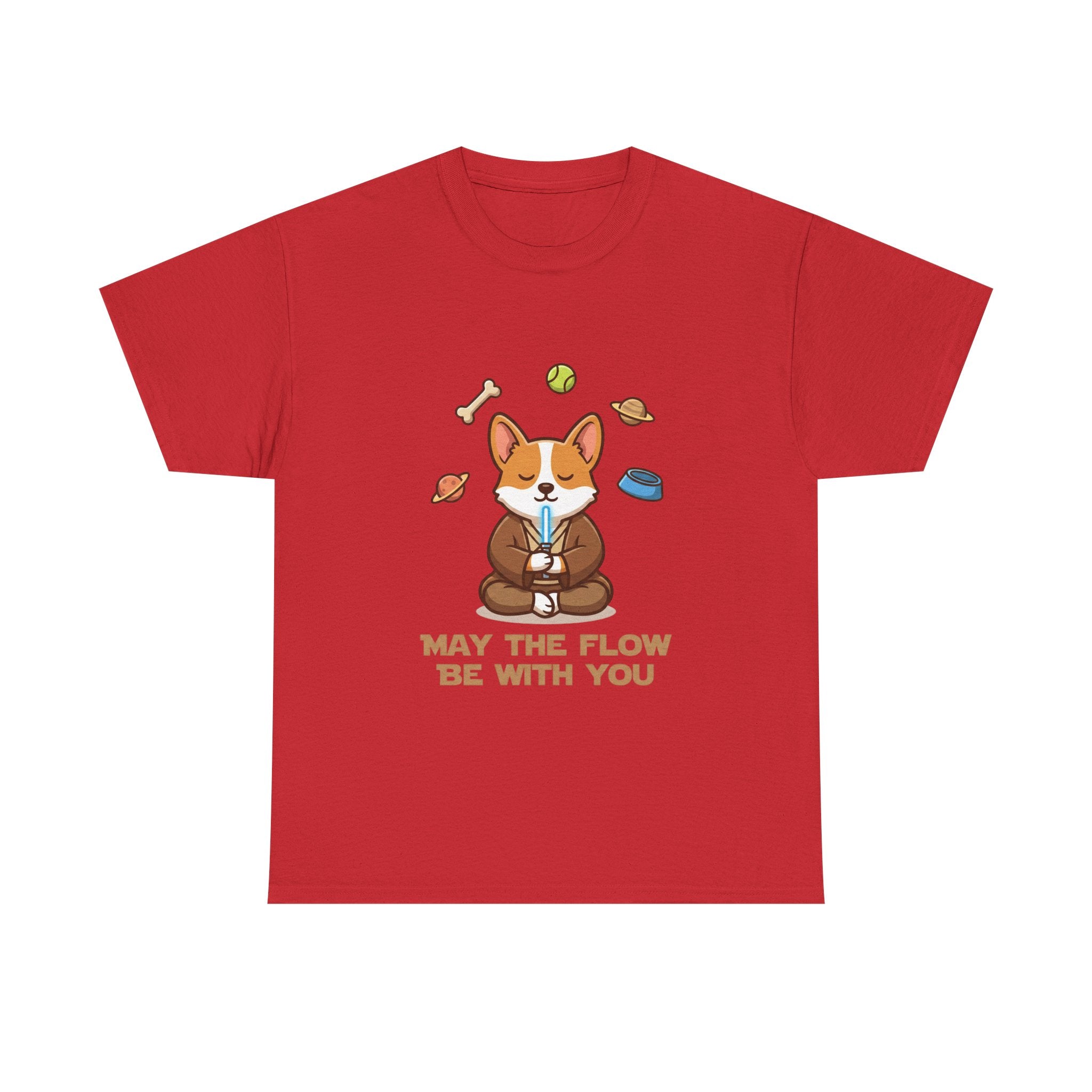 Corgi Meditation Tee — "May the Flow Be With You" Relaxed Dog Yoga T-Shirt