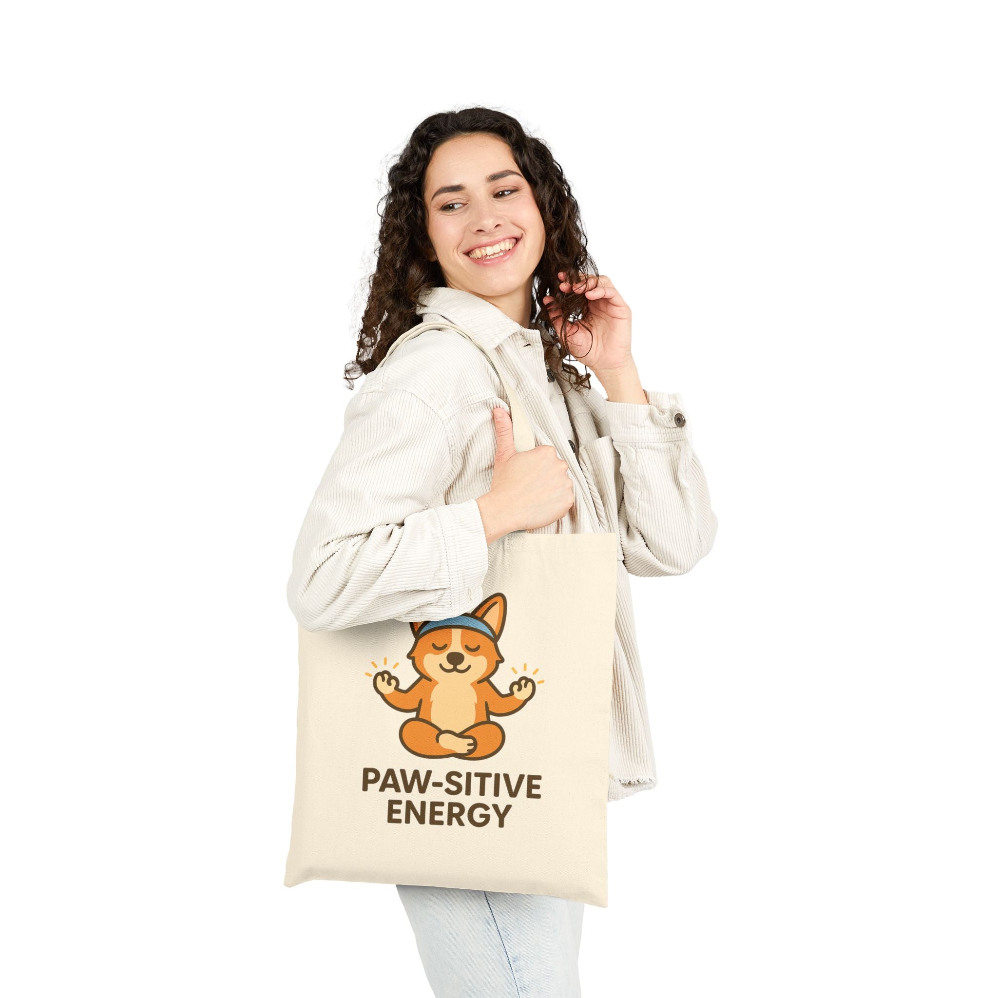 Tote Bag — "Paw-sitive Energy" Yoga Corgi Cotton Canvas Tote