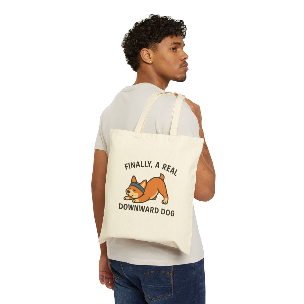Canvas Tote Bag — "Finally, a Real Downward Dog" Cute Corgi Yoga Tote