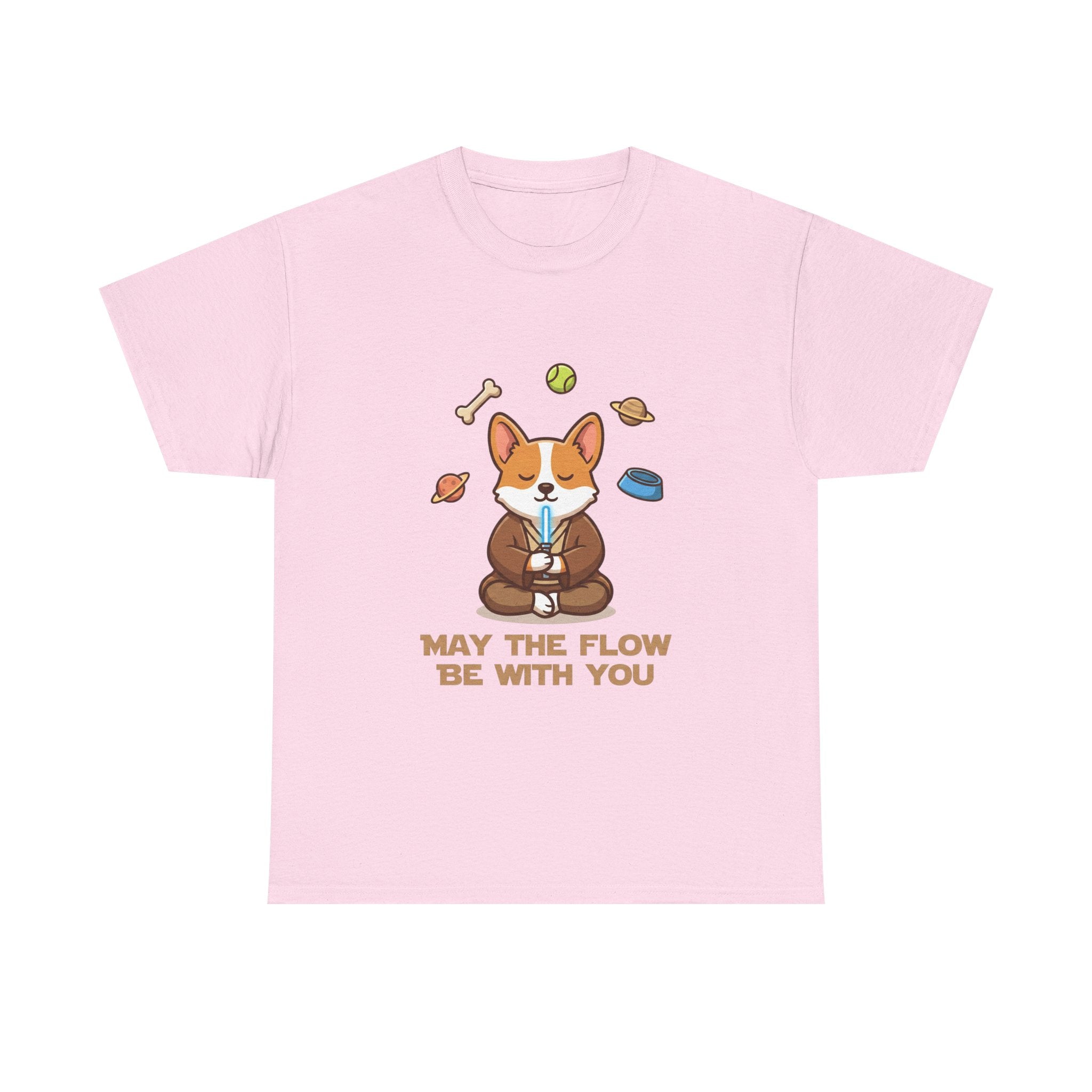 Corgi Meditation Tee — "May the Flow Be With You" Relaxed Dog Yoga T-Shirt