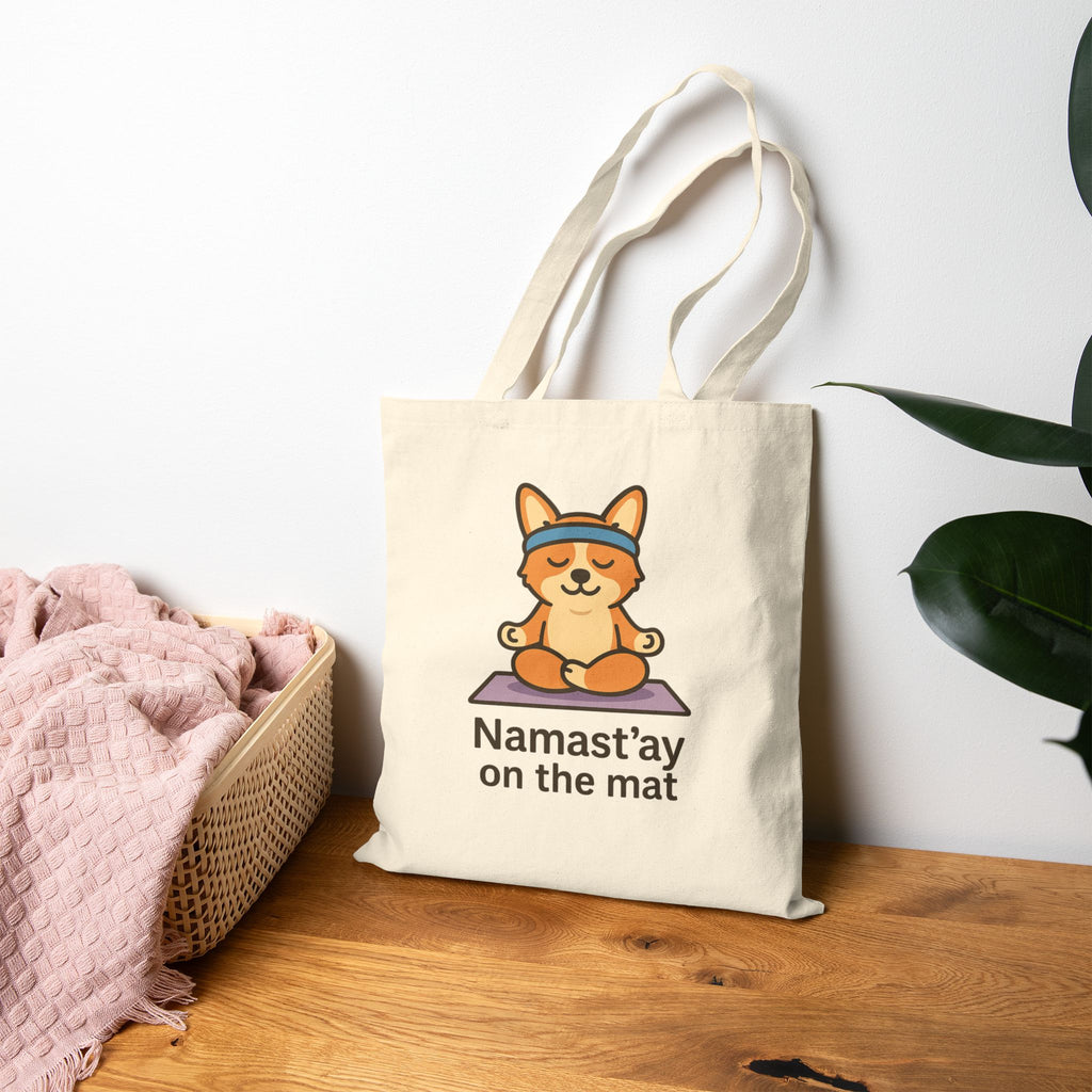Yoga Corgi Tote — "Namast'ay on the Mat" Cotton Canvas Tote