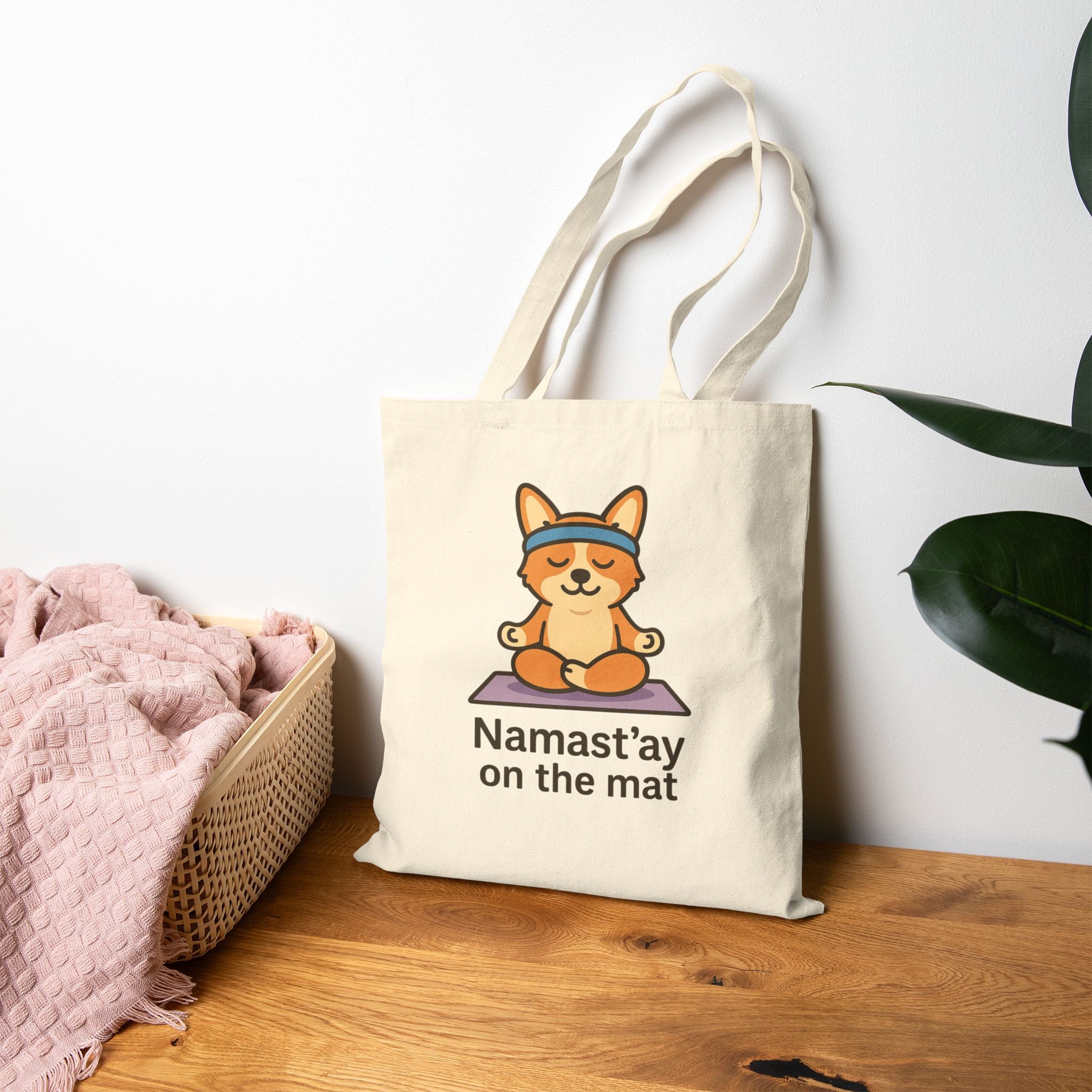 Yoga Corgi Tote — "Namast'ay on the Mat" Cotton Canvas Tote