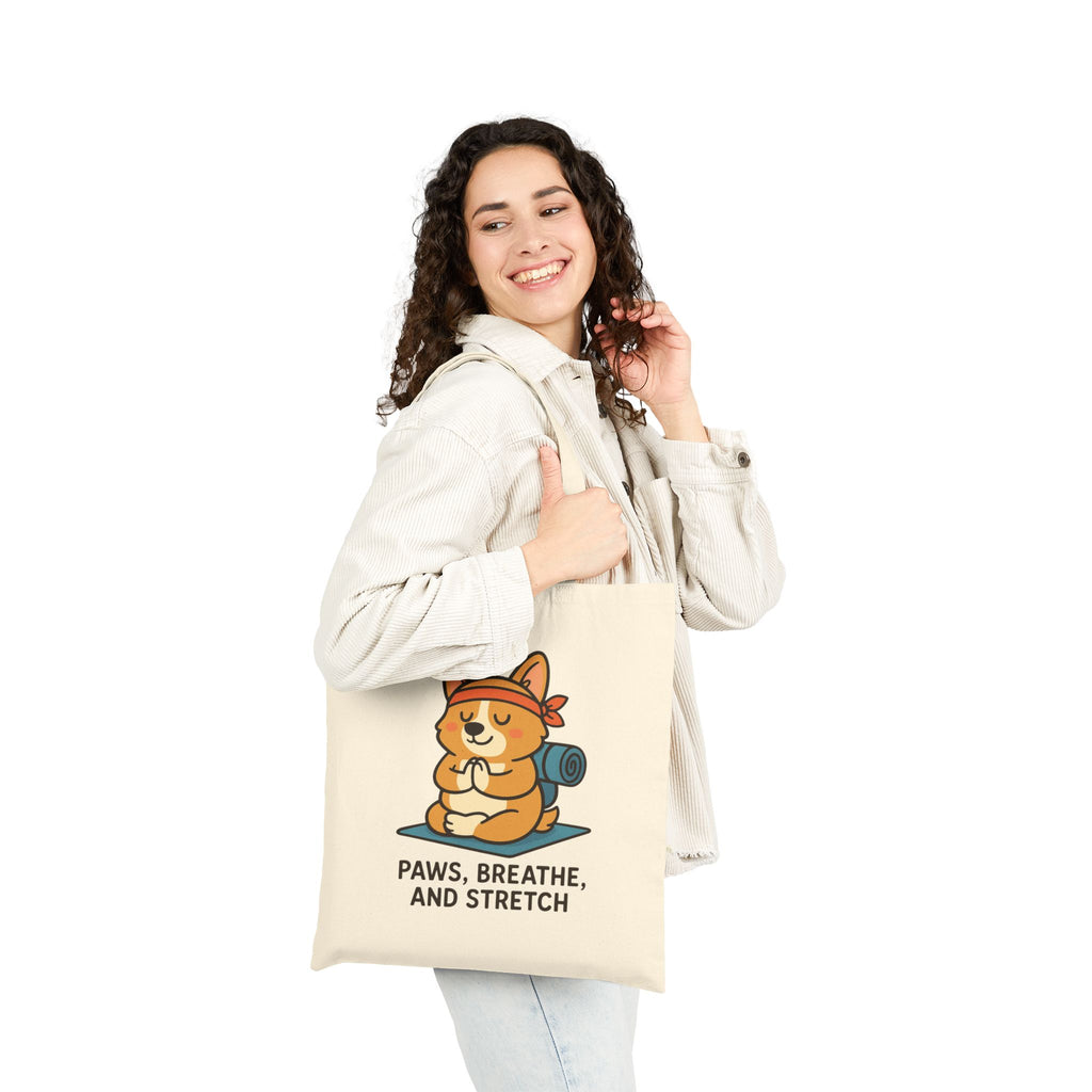 Yoga Corgi Tote Bag — "Paws, Breathe, and Stretch" Cotton Canvas Tote