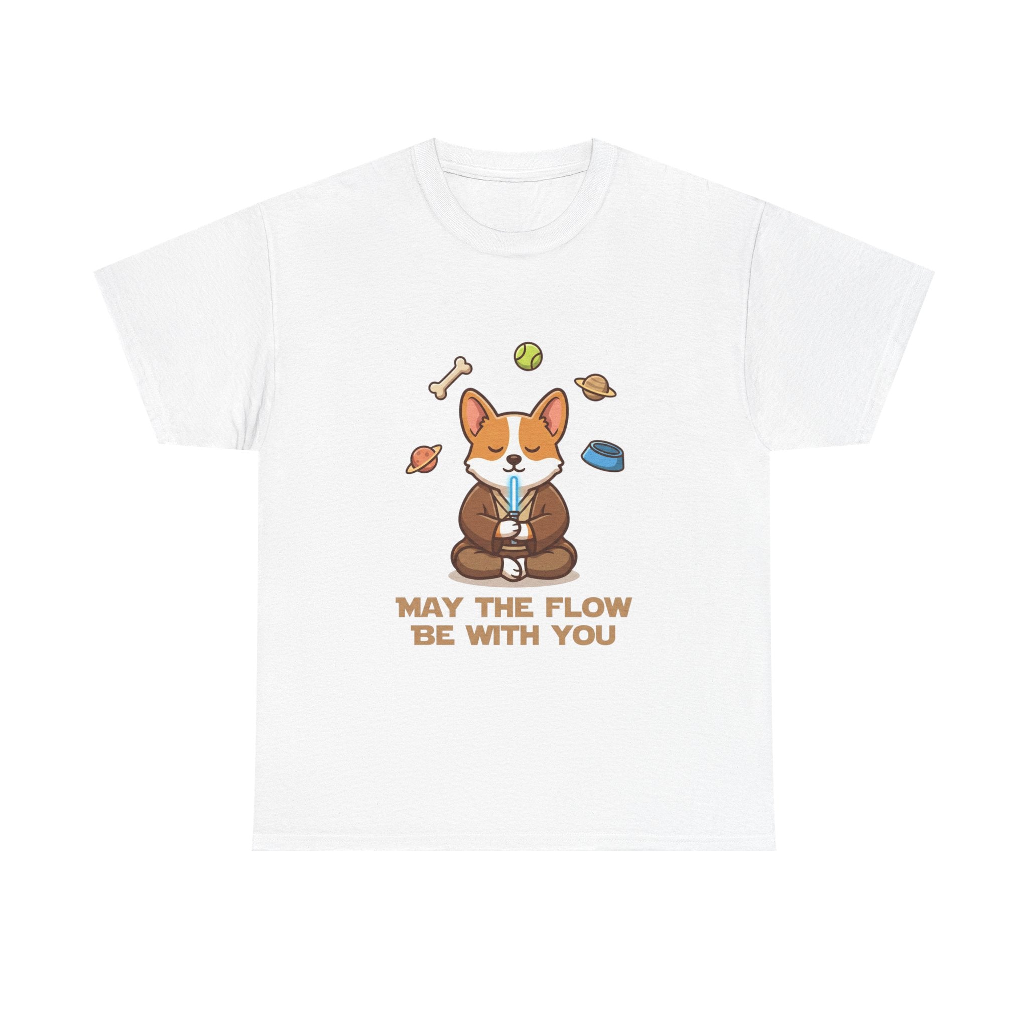 Corgi Meditation Tee — "May the Flow Be With You" Relaxed Dog Yoga T-Shirt