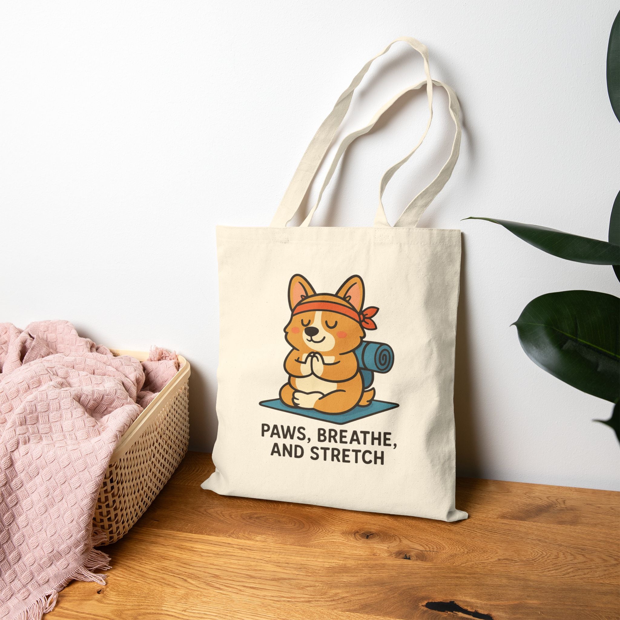 Yoga Corgi Tote Bag — "Paws, Breathe, and Stretch" Cotton Canvas Tote