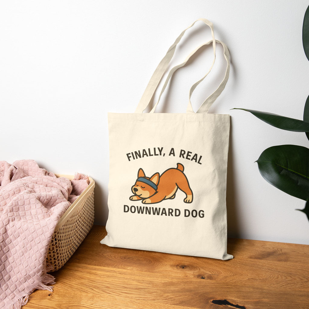 Canvas Tote Bag — "Finally, a Real Downward Dog" Cute Corgi Yoga Tote